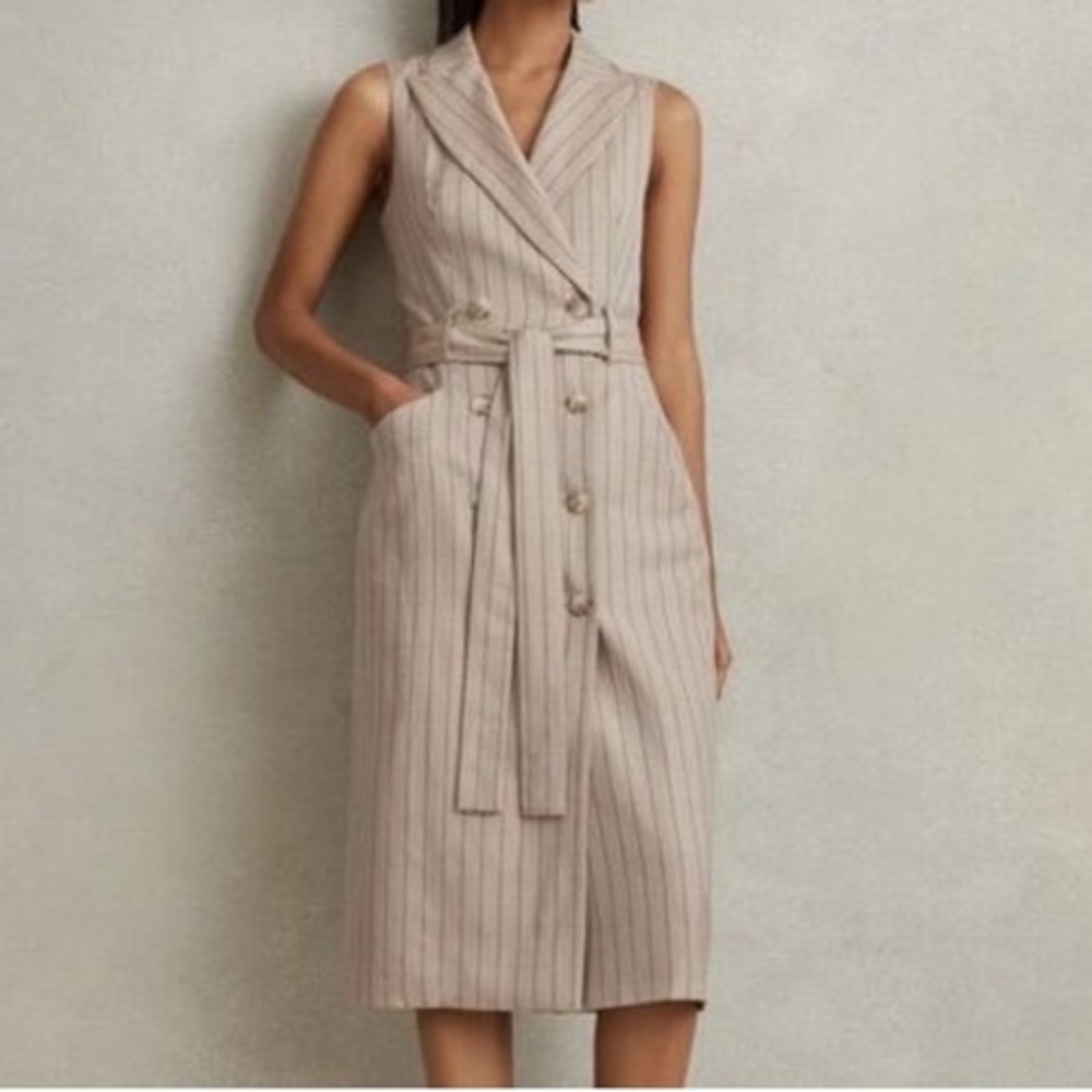Reiss Andie Pinstripe Wool Linen Sleeveless Trench Dress Beige Size 6 e5